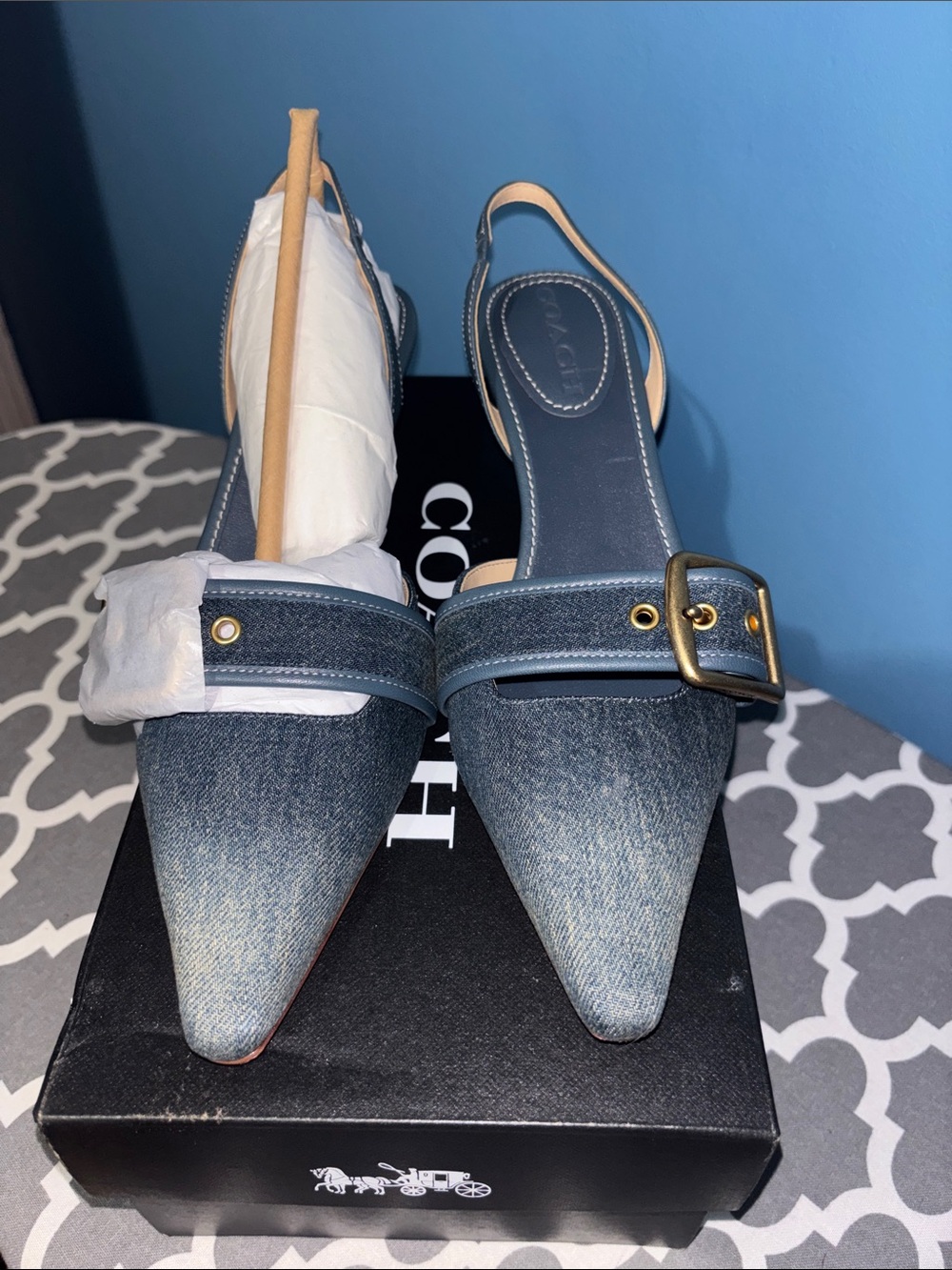 Coach Denim Pointed-Toe Slingback Mules in Blue with Gold Buckle